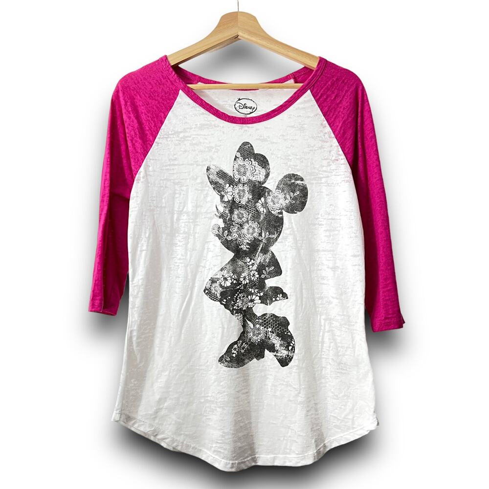 Disney XL Minnie Mouse Pink Raglan Burnout Tee Shirt Floral Fade Print Graphic
